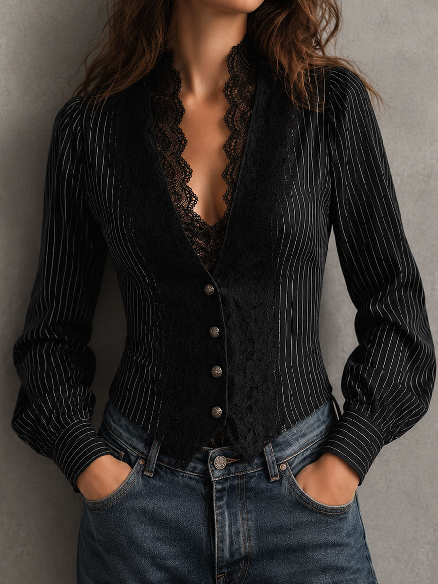 Retro Elegant Black Pinstripe Lace Panel Blouse