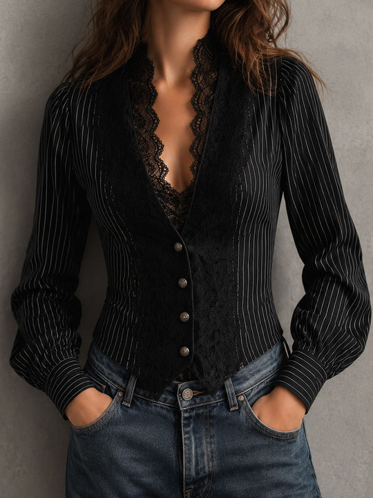 Retro Elegant Black Pinstripe Lace Panel Blouse