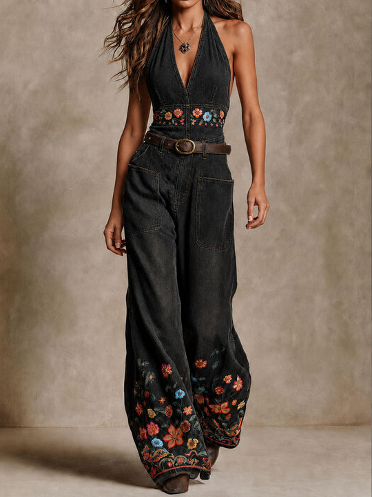 Boho Black Denim Halter Floral Embroidered Wide-Leg Jumpsuit