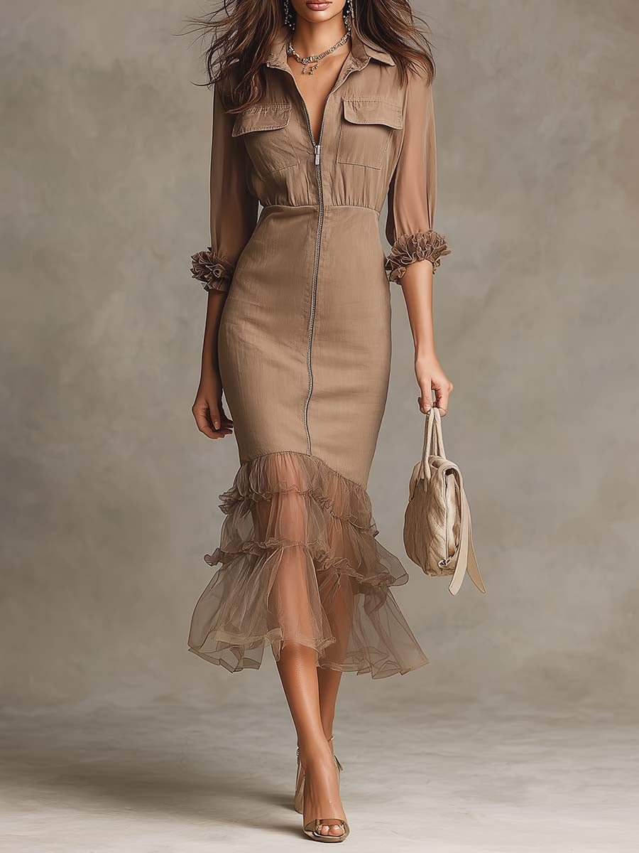 Boho Collared Zip Front Pocket Tulle Ruffle Midi Bodycon Dress
