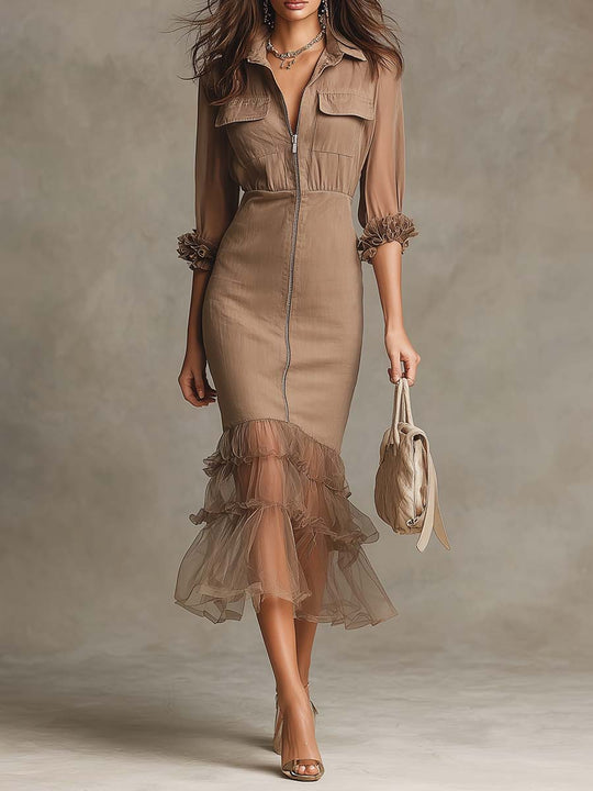 Boho Collared Zip Front Pocket Tulle Ruffle Midi Bodycon Dress