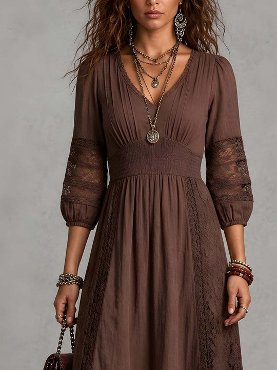Vintage Smocked Waist Lace Details Cotton-linen Midi Dress