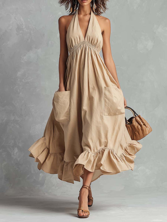 Boho Halter Cotton Elastic Waist Pocket Ruffle Hem Midi Dress