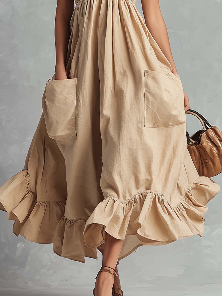 Boho Halter Cotton Elastic Waist Pocket Ruffle Hem Midi Dress