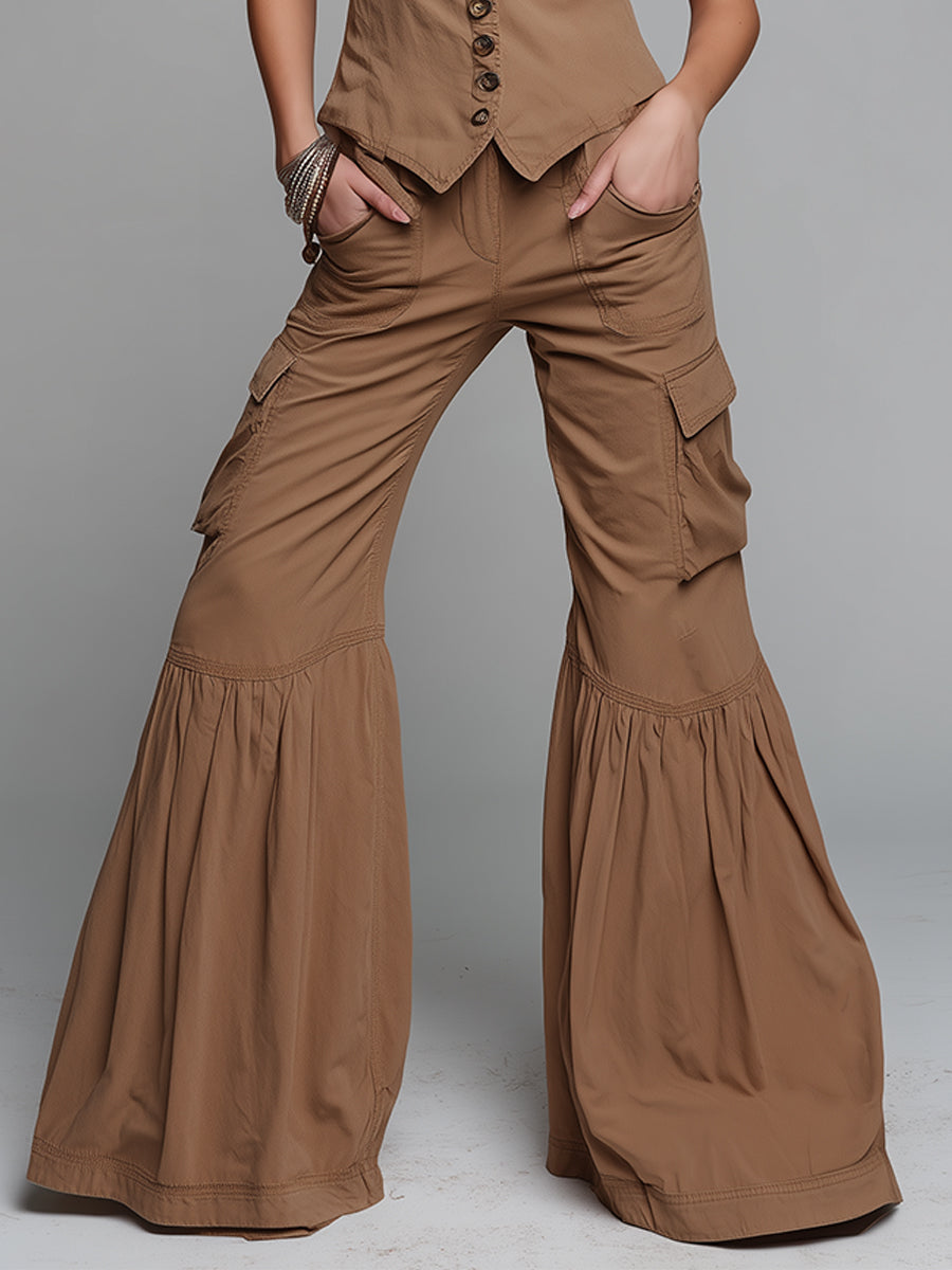 Boho Mandarin-Collar Button-Detail Vest & Utility-Pocket Flared Pants Set