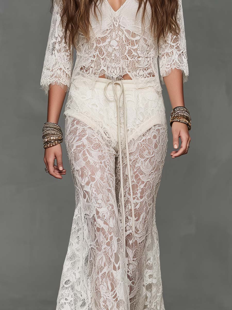 Boho Sheer Floral Lace V-Neck Top & Drawstring Flare Pants Two-Piece Set