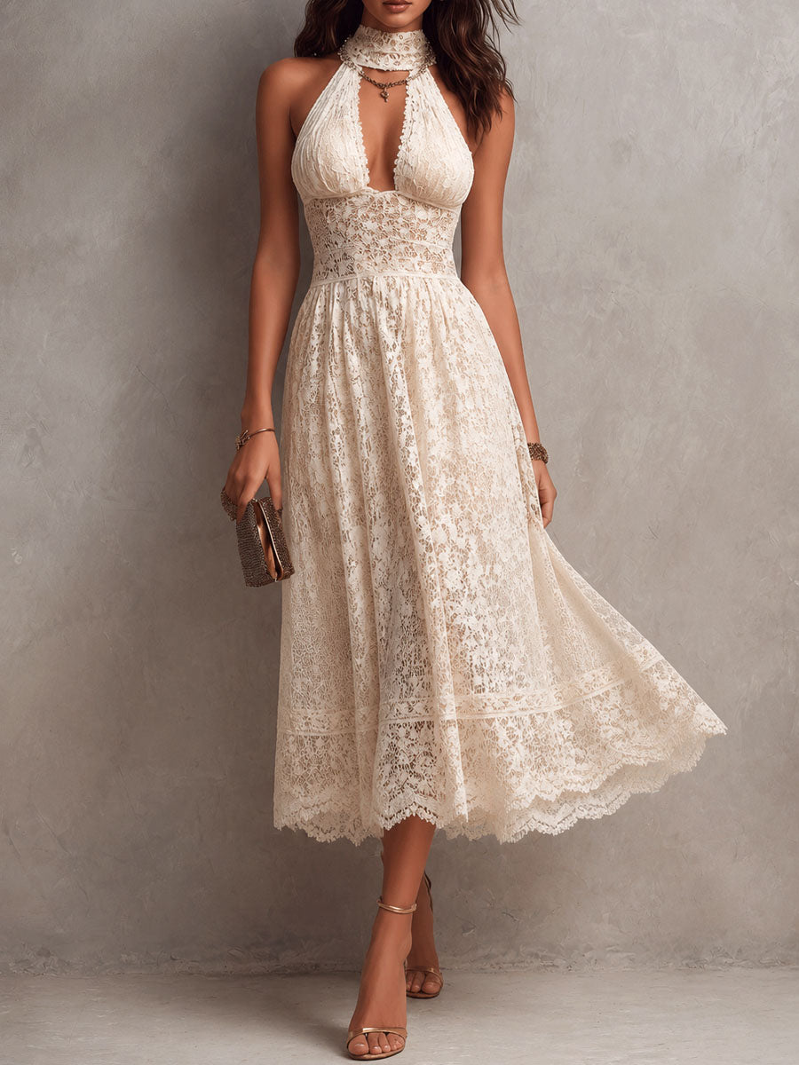Boho Romantic Ivory Floral Lace Halter Midi Dress