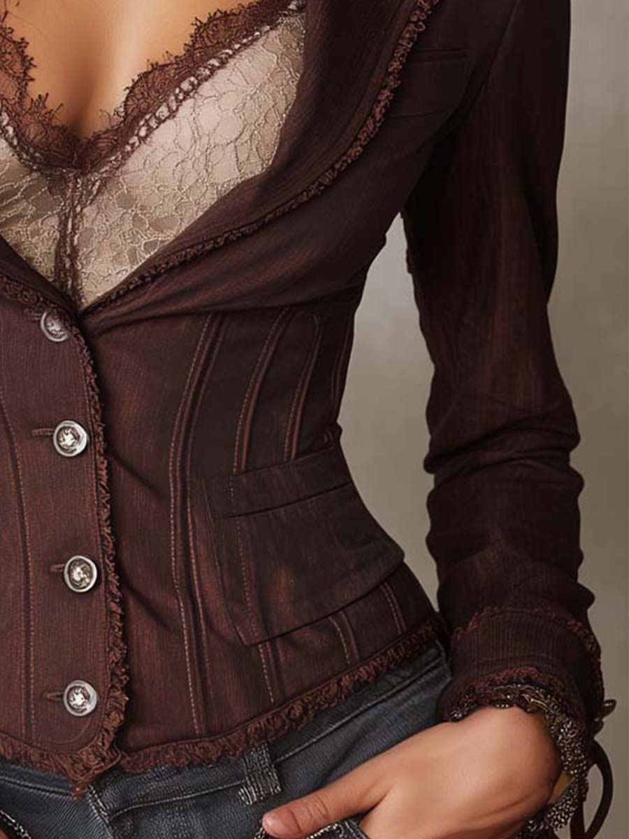 Vintage Tencel-linen Fringe Lace Trim Button Corset Waist Blazer Jacket