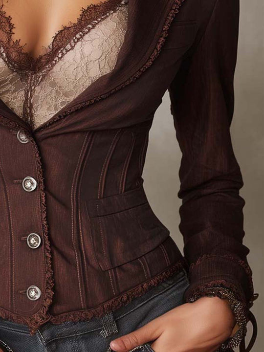 Vintage Tencel-linen Fringe Lace Trim Button Corset Waist Blazer Jacket