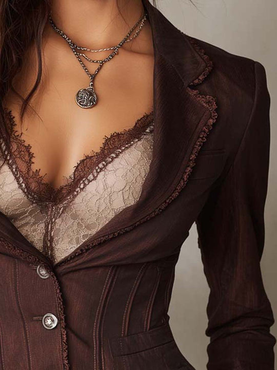Vintage Tencel-linen Fringe Lace Trim Button Corset Waist Blazer Jacket