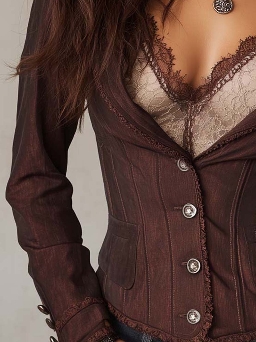Vintage Tencel-linen Fringe Lace Trim Button Corset Waist Blazer Jacket