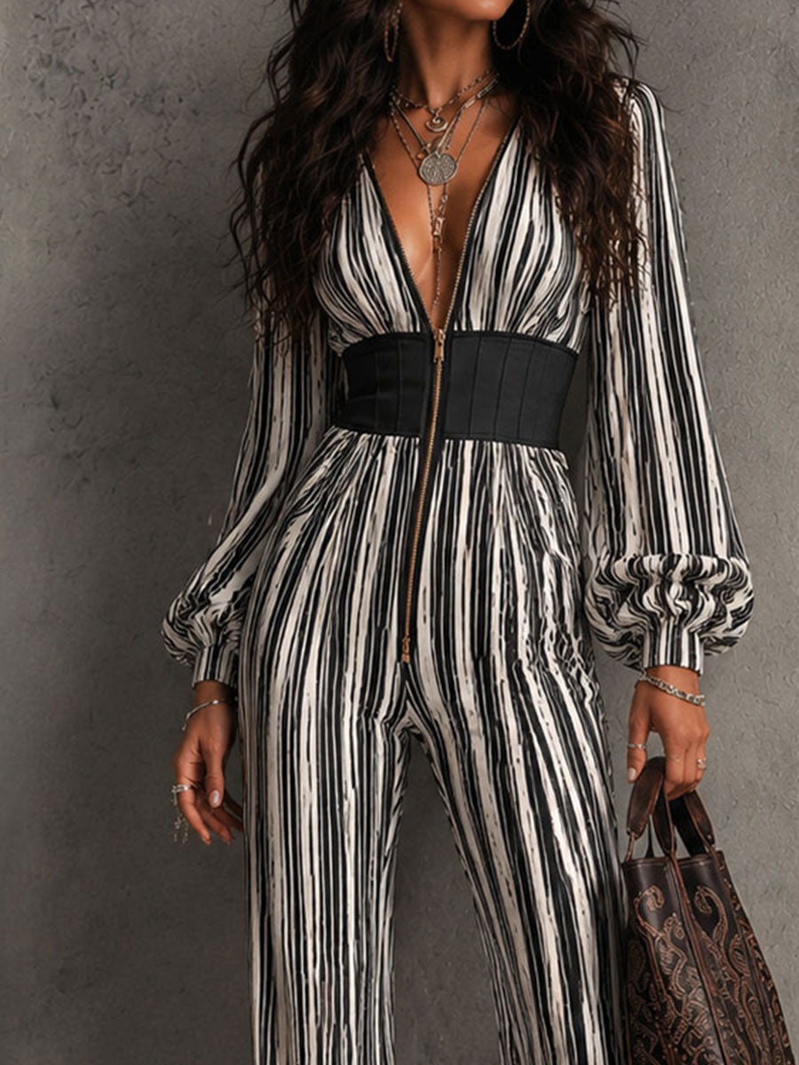 Retro Elegant Striped Corset Waist Zipper Flared Jumpsuit
