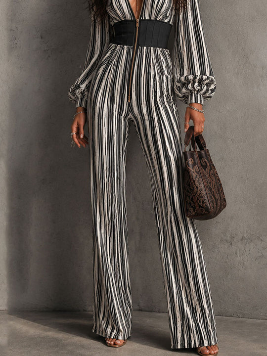 Retro Elegant Striped Corset Waist Zipper Flared Jumpsuit