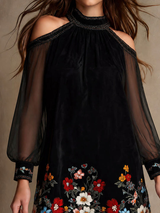 Boho Velvet Floral Embroidery Cold Shoulder Mini Dress With Sheer Sleeve