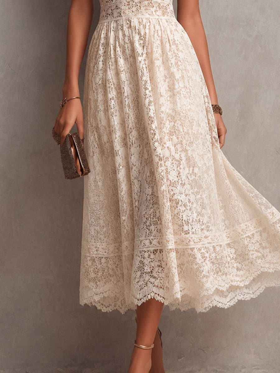 Boho Romantic Ivory Floral Lace Halter Midi Dress