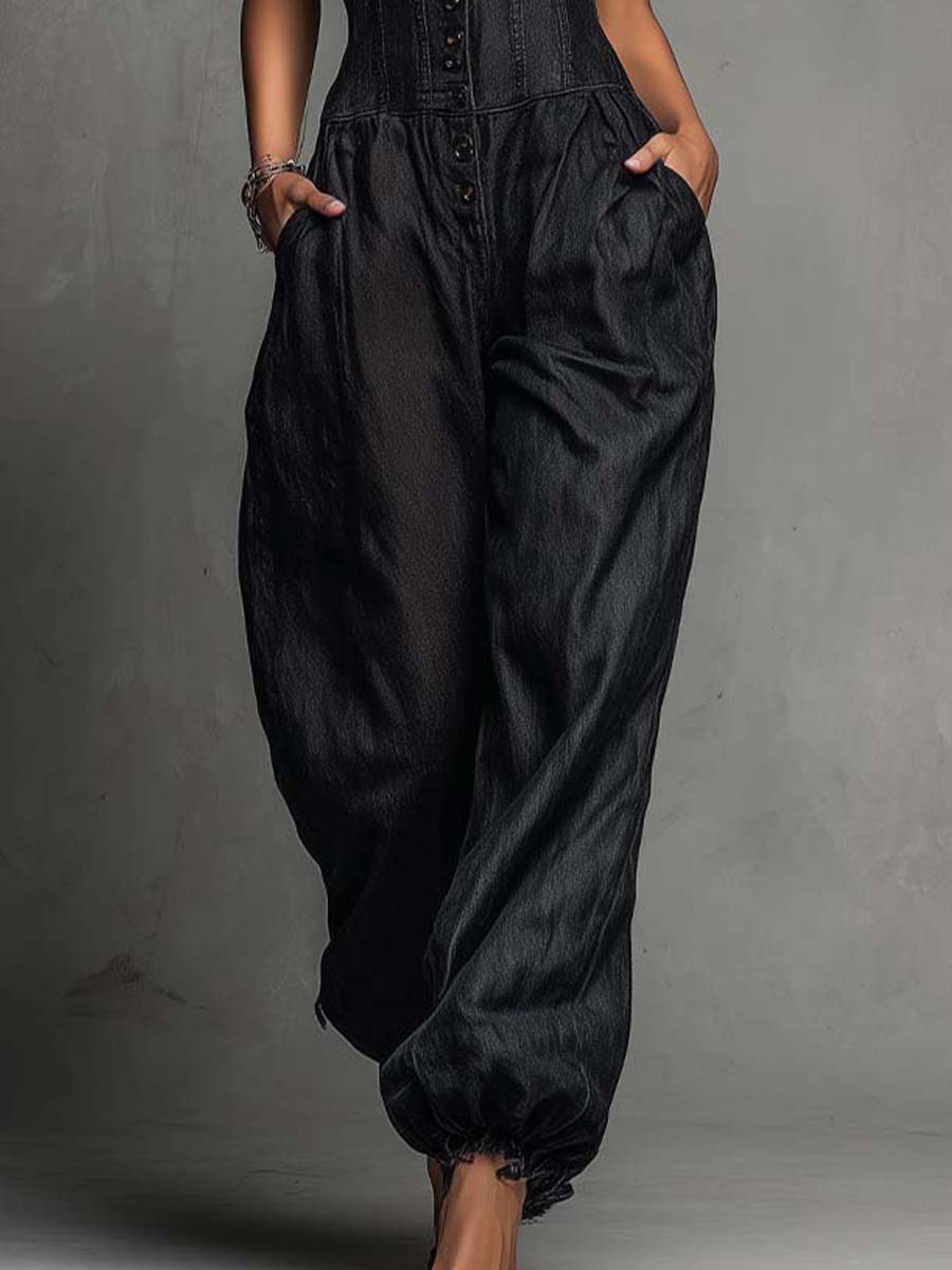 Cross Halter Button Front Corset Wide Leg Pocket Tencel Denim Jumpsuit