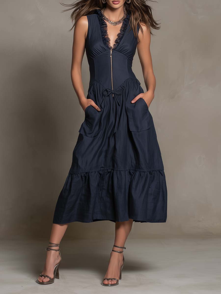 Elegant Sleeveless Ruffle Zip Front Tie Waist Pocket Tiered Midi Dress