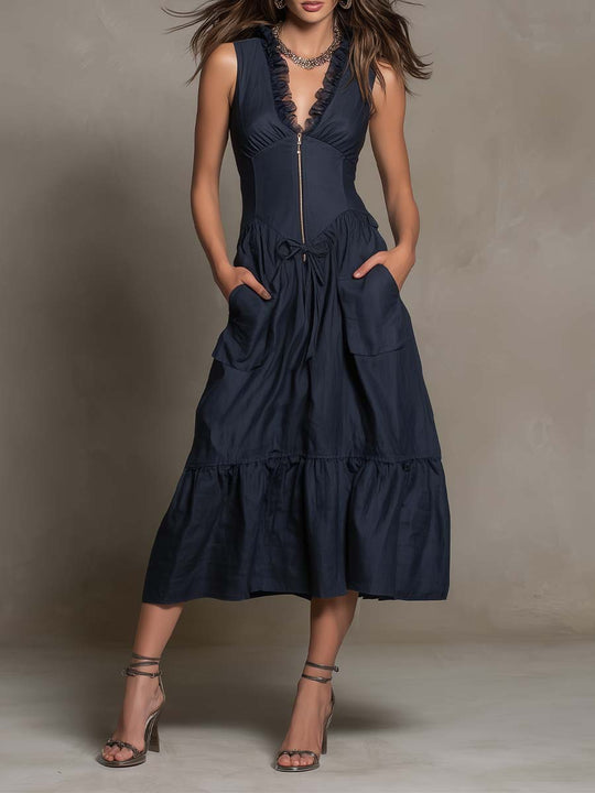 Elegant Sleeveless Ruffle Zip Front Tie Waist Pocket Tiered Midi Dress