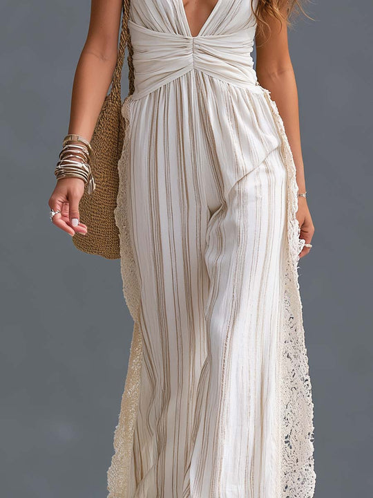 Boho Striped Deep V-Neck Crochet Lace-Side Wide-Leg Maxi Jumpsuit