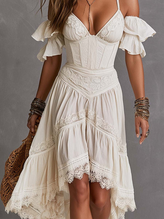 Boho Cold-Shoulder Lace-Trim Corset Bustier High-Low Ruffle Midi Dress