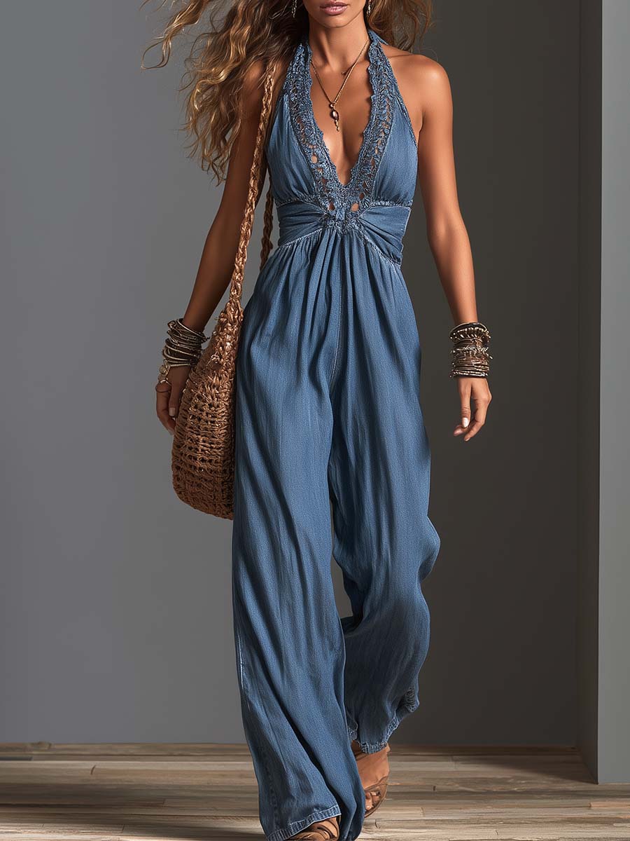 Boho Chambray Denim Halter Lace-Trim Deep V Backless Wide-Leg Jumpsuit