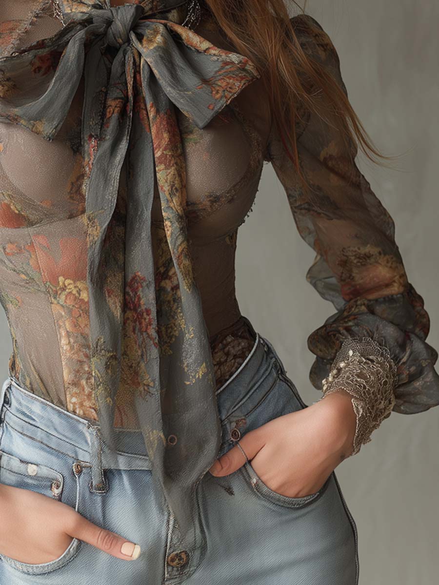 Vintage Oil Painting-style Florals Tie-front Chiffon Blouse