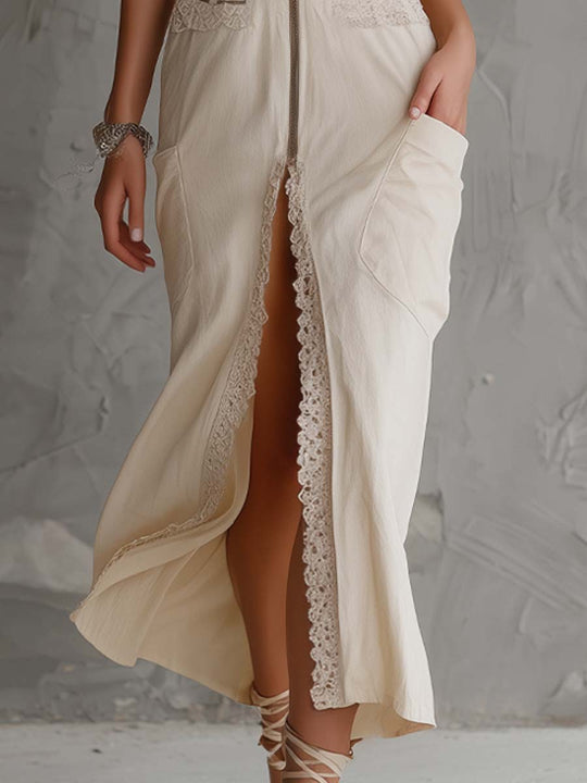 Cotton Collared Sleeveless Zip Front Lace Cutout Pocket Slit Midi Dress