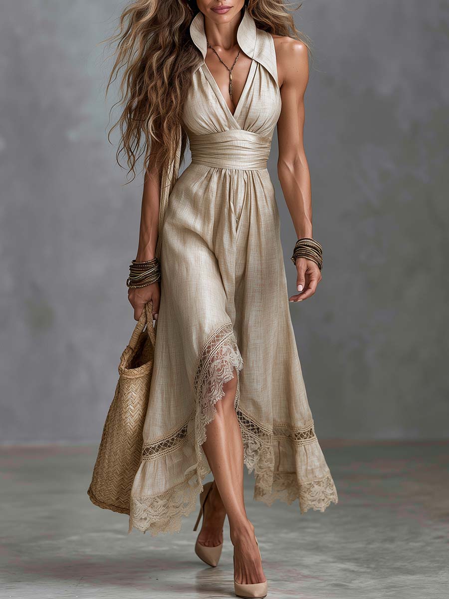 Boho Linen Stand-Collar Halter Deep V Lace-Hem Midi Dress