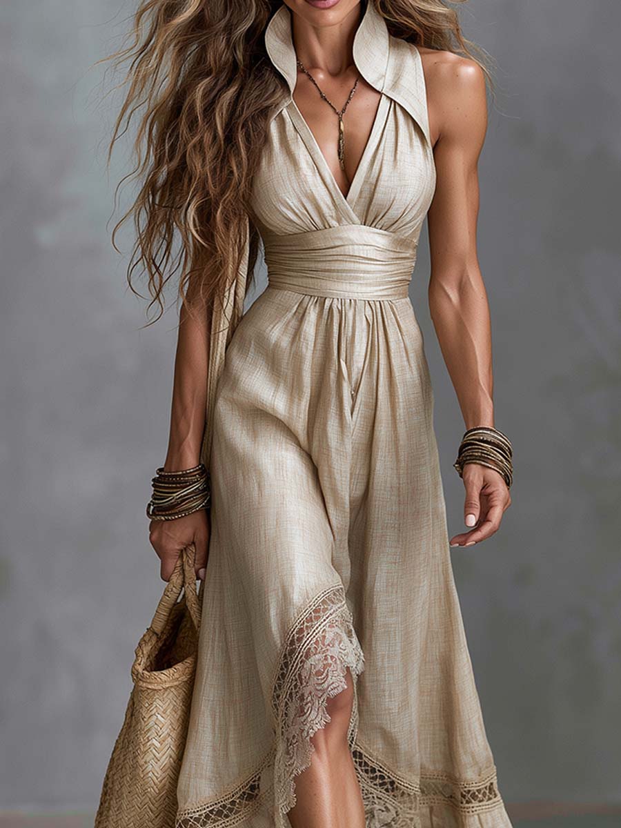Boho Linen Stand-Collar Halter Deep V Lace-Hem Midi Dress