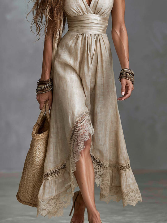 Boho Linen Stand-Collar Halter Deep V Lace-Hem Midi Dress