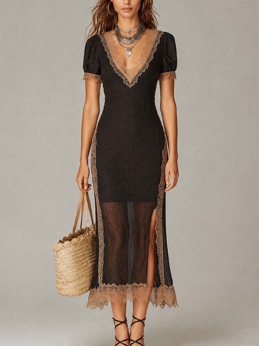 Vintage Contrasting Lace Trim Cotton-linen Midi Dress