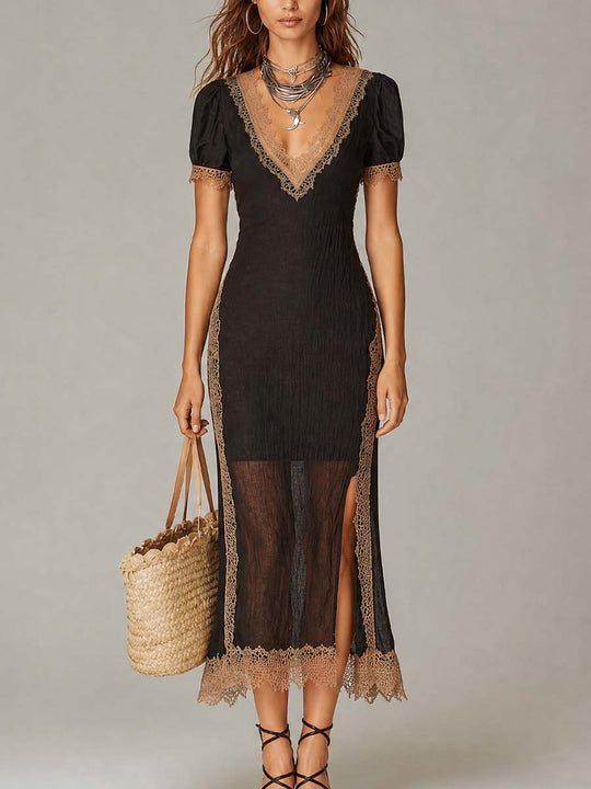 Vintage Contrasting Lace Trim Cotton-linen Midi Dress