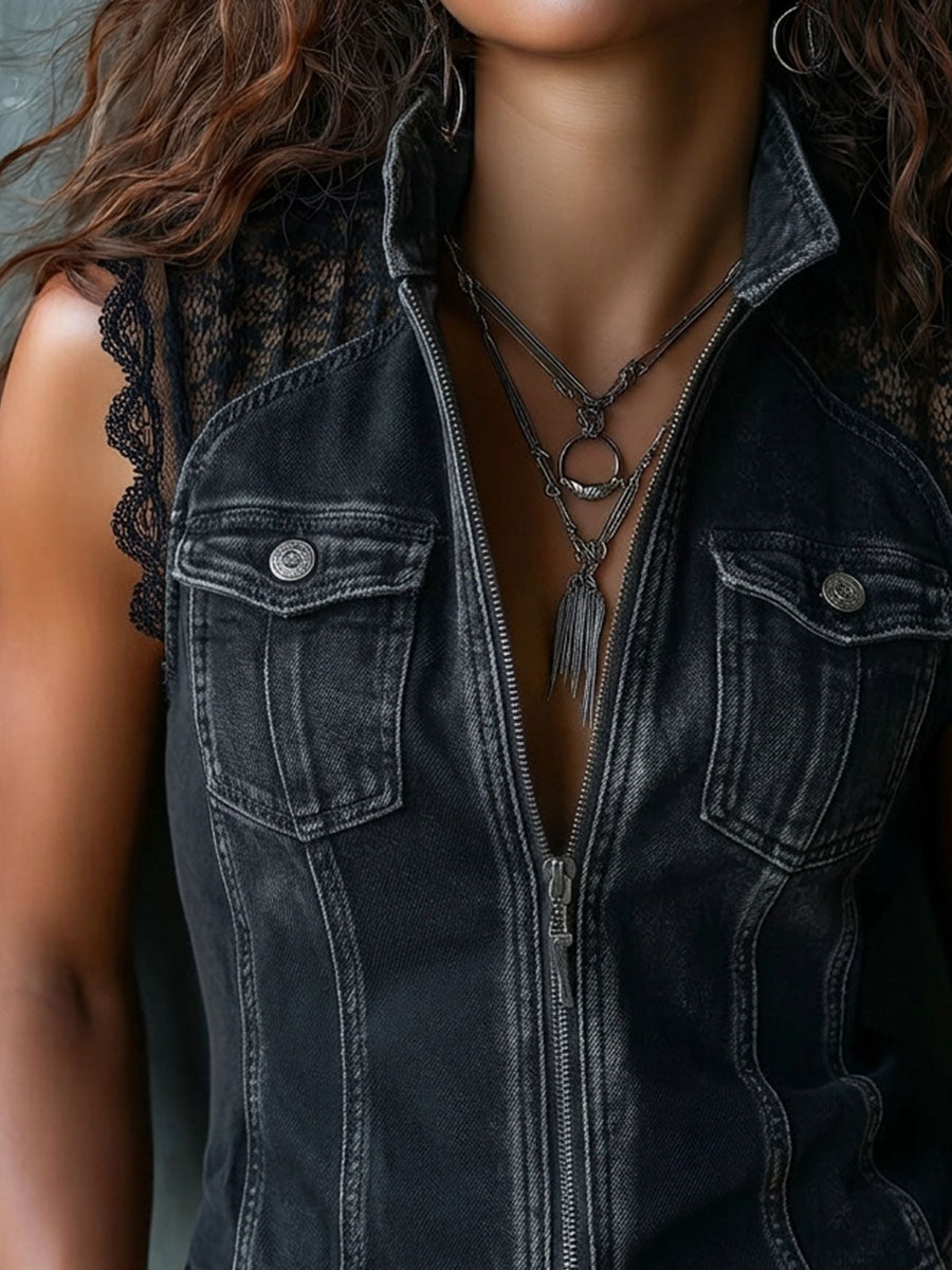 Vintage Western Lace Trim Zip Front Cropped Denim Vest