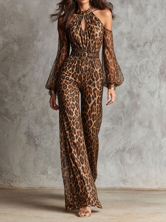Retro Elegant Leopard Print Halter Cold Shoulder Jumpsuit