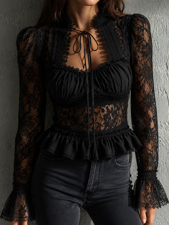 Retro Romantic Lace Tie Neck Flare Cuff Blouse