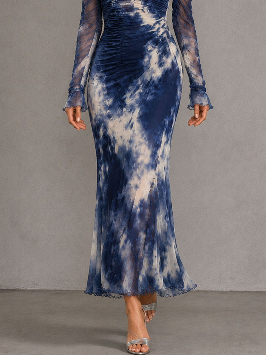 Boho Blue Tie Dye Mesh Ruched Off Shoulder Mermaid Maxi Dress