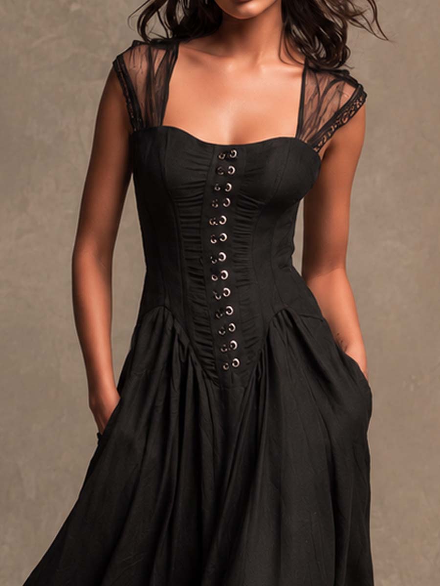 Gothic Vintage Mesh Strap Corset Lace Hem Pocket Midi Dress