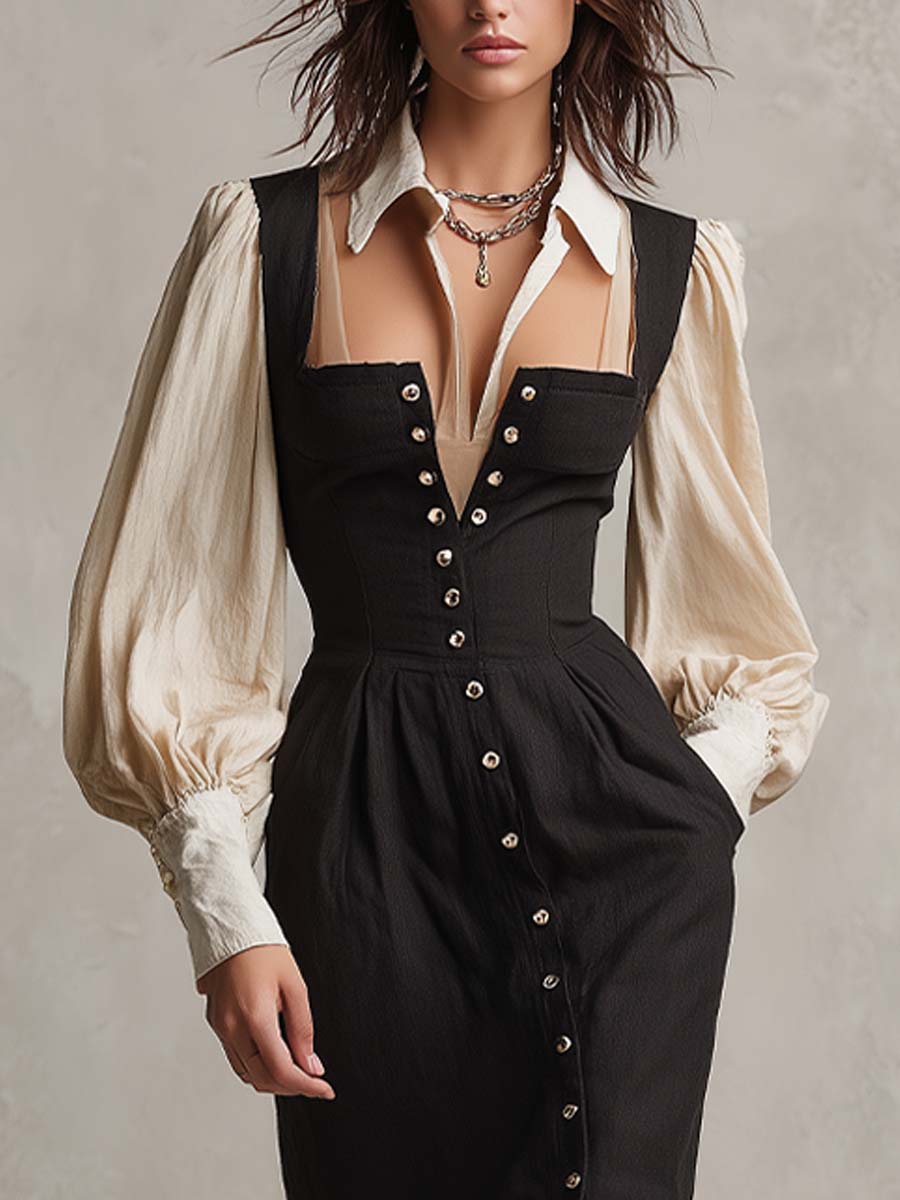 Vintage Corset Waist Fake Layer Shirt Patchwork Midi Dress