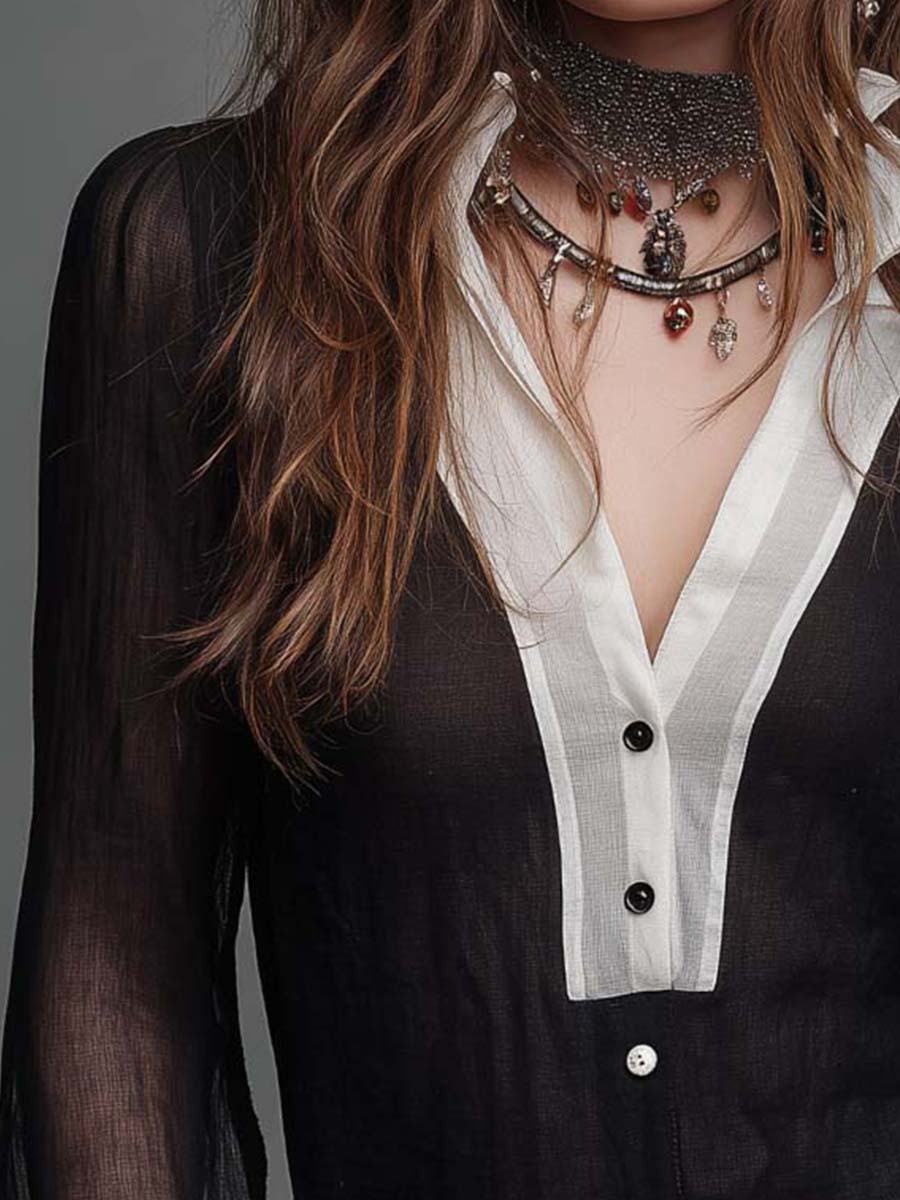 Vintage Tencel-Linen Contrast Trim Collared Button Sheer Puff Ruffle Cuff Blouse