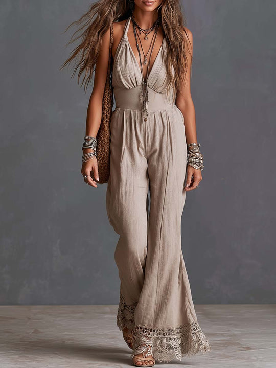 Boho Halter Deep V-Neck Lace-Hem Wide-Leg Maxi Jumpsuit