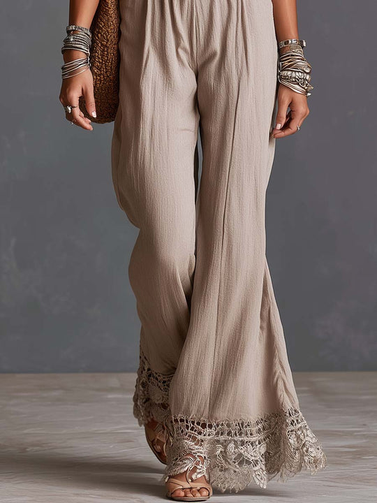 Boho Halter Deep V-Neck Lace-Hem Wide-Leg Maxi Jumpsuit