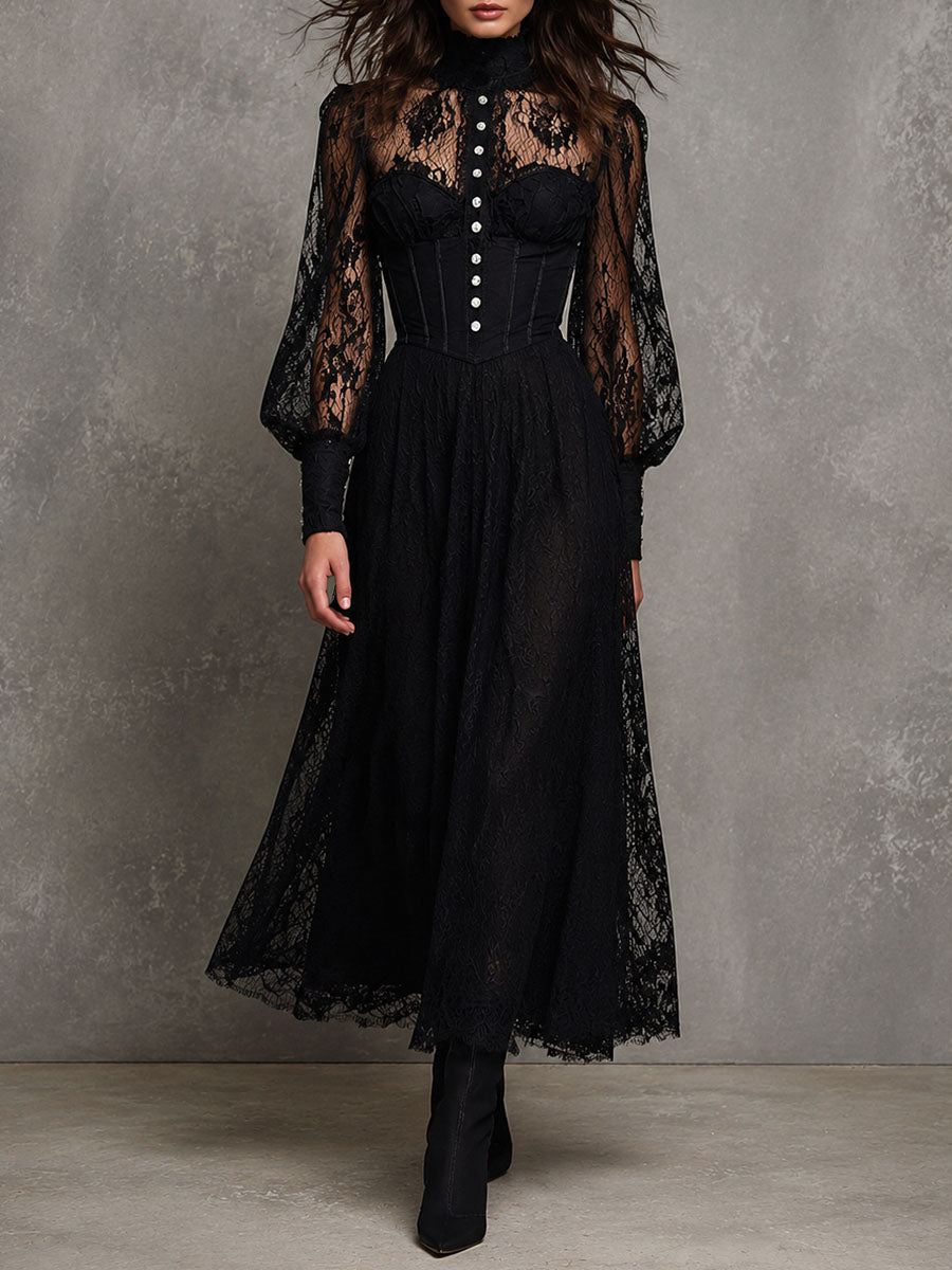 Retro Elegant Black Lace Corset Bodice Puff Sleeve High Neck Midi Dress