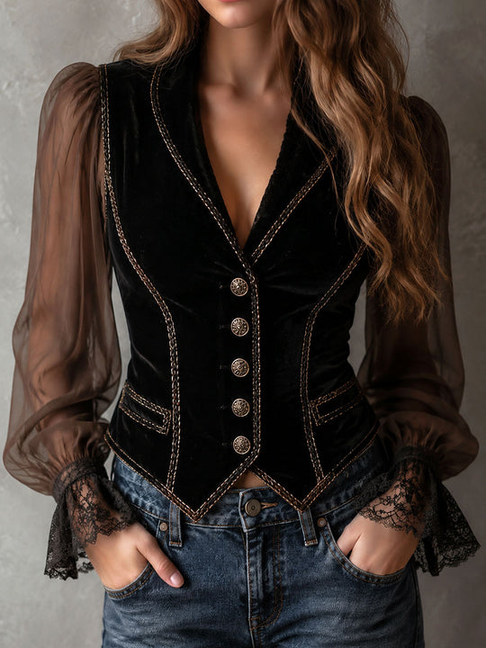 Vintage Black Velvet Contrast Stitch Vest With Sheer Chiffon Sleeve