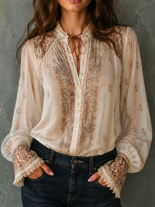 Boho Beige Paisley Print Sheer Lace Cuff Blouse