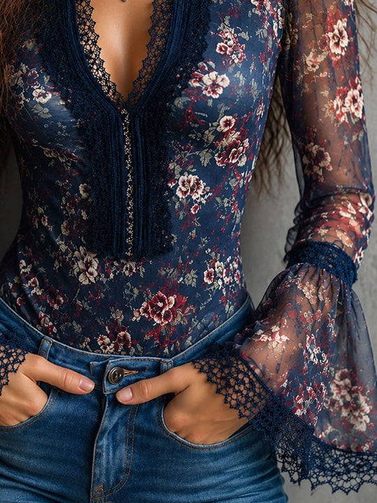 Boho Navy Floral Mesh Lace Trim V Neck Flare Sleeve Blouse