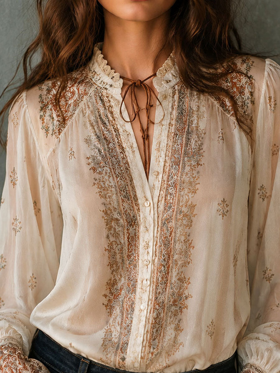 Boho Beige Paisley Print Sheer Lace Cuff Blouse