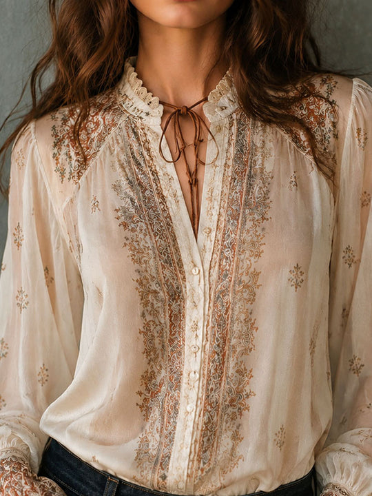 Boho Beige Paisley Print Sheer Lace Cuff Blouse