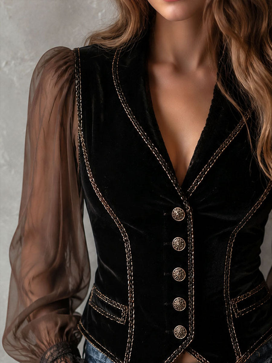 Vintage Black Velvet Contrast Stitch Vest With Sheer Chiffon Sleeve