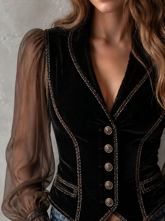 Vintage Black Velvet Contrast Stitch Vest With Sheer Chiffon Sleeve