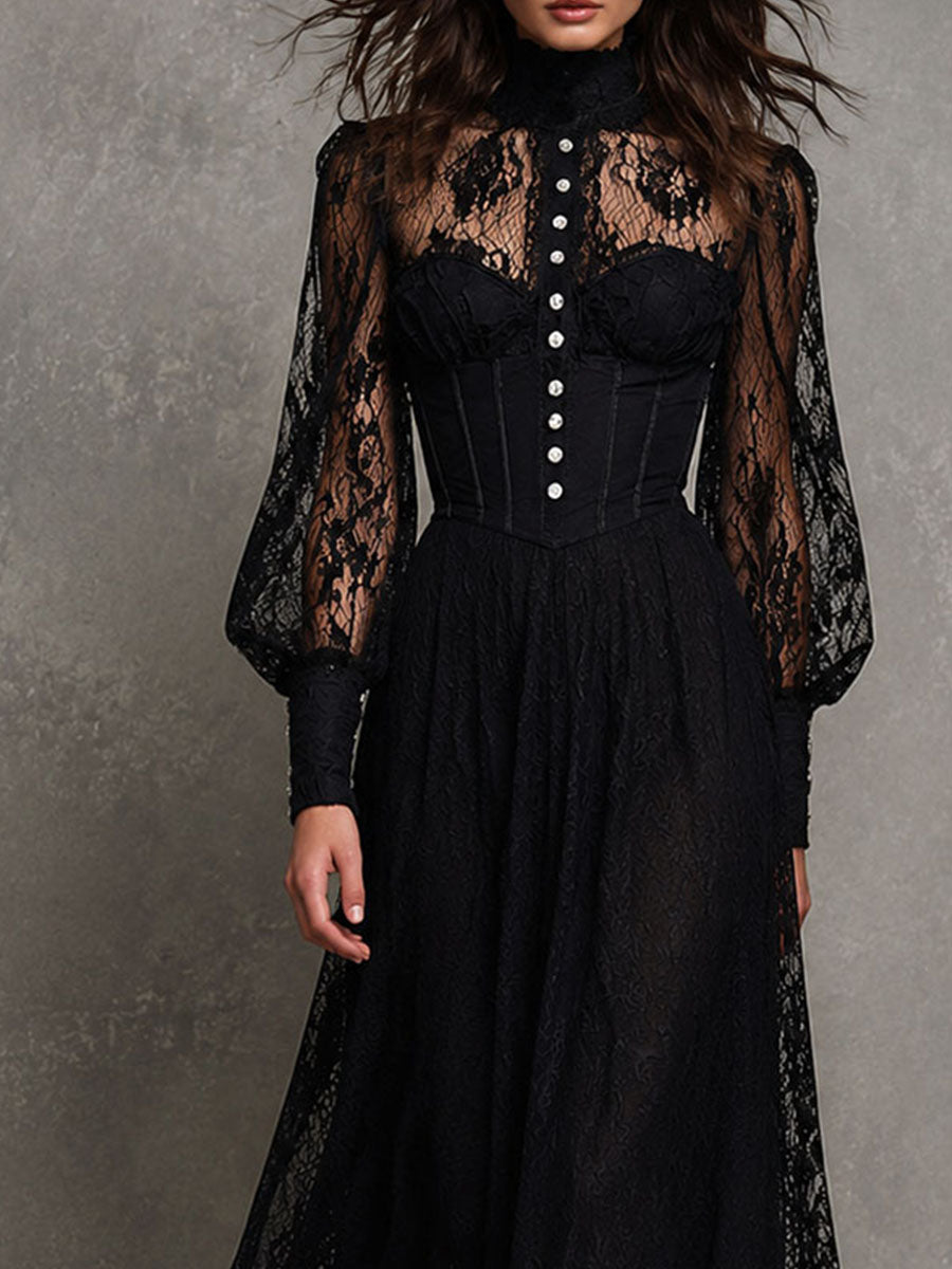 Retro Elegant Black Lace Corset Bodice Puff Sleeve High Neck Midi Dress